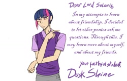 Size: 1280x817 | Tagged: safe, artist:artiedrawings, derpibooru import, dusk shine, twilight sparkle, ask a bishonen pony, humanized, rule 63, tumblr