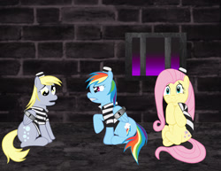 Size: 2160x1669 | Tagged: safe, artist:spellboundcanvas, derpy hooves, fluttershy, rainbow dash, pegasus, pony, bondage, bound wings, clothes, female, jail, mare, prison, prison outfit, prison stripes