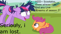 Size: 830x467 | Tagged: safe, derpibooru import, scootaloo, twilight sparkle, pony, unicorn, female, mare, text