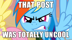 Size: 610x343 | Tagged: safe, rainbow dash, pegasus, pony, angry, gritted teeth, image macro, meme, reaction image, text, uncool