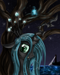 Size: 800x1000 | Tagged: safe, artist:hilloty, queen chrysalis, changeling, changeling queen, fangs, lighthouse, night, solo, water