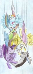 Size: 766x1697 | Tagged: safe, artist:islamilenaria, discord, fluttershy, rainbow dash, twilight sparkle, twilight sparkle (alicorn), alicorn, pegasus, pony, falling, female, mare