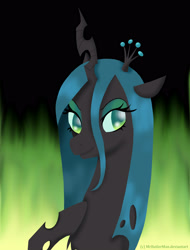 Size: 2247x2957 | Tagged: safe, artist:mrbutlerman, queen chrysalis, changeling, changeling queen, female, fire, horn, solo