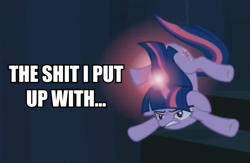 Size: 707x460 | Tagged: safe, derpibooru import, edit, edited screencap, screencap, twilight sparkle, the crystal empire, cropped, glowing horn, horn, image macro, solo, stairs