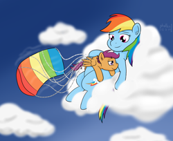 Size: 1024x836 | Tagged: safe, artist:phallen1, rainbow dash, scootaloo, pegasus, pony, cloud, cloudy, kite, newbie artist training grounds, parachute, rainbow, scootalove