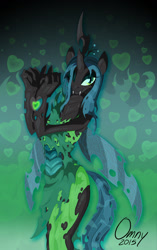 Size: 800x1270 | Tagged: safe, artist:omny87, queen chrysalis, anthro, changeling, changeling queen, beautiful, clothes, fangs, female, heart, smiling, solo, torn clothes, wink