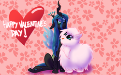 Size: 800x500 | Tagged: safe, artist:azulmimi99, queen chrysalis, oc, oc:fluffle puff, changeling, changeling queen, canon x oc, chrysipuff, female, lesbian, shipping, valentine's day