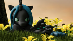 Size: 1280x720 | Tagged: safe, artist:skrittzs, queen chrysalis, changeling, changeling queen, nymph, 3d, cuddling, flower, lying down, mommy chrissy, snuggling, source filmmaker