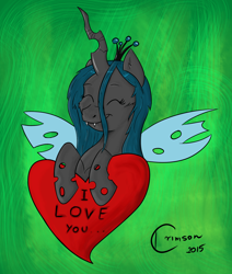 Size: 1800x2121 | Tagged: safe, artist:crimson, queen chrysalis, changeling, changeling queen, heart, hearts and hooves day, smiling, solo, valentine's day