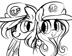 Size: 731x570 | Tagged: safe, artist:dotkwa, fluttershy, rainbow dash, pegasus, pony, hat, monochrome, sketch, smiling