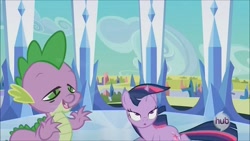 Size: 800x450 | Tagged: safe, derpibooru import, screencap, spike, twilight sparkle, dragon, the crystal empire