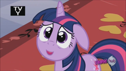 Size: 1280x720 | Tagged: safe, derpibooru import, edit, edited screencap, screencap, twilight sparkle, the crystal empire, floppy ears, hub logo, inverted mouth, solo, tv rating