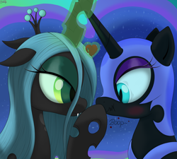 Size: 1980x1782 | Tagged: safe, artist:irregular-entity, nightmare moon, queen chrysalis, changeling, changeling queen, blushing, boop, chrysmoon, female, heart, lesbian, scrunchy face, shipping