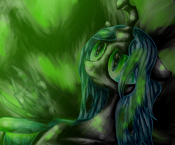 Size: 900x750 | Tagged: safe, artist:silvy-fret, queen chrysalis, changeling, changeling queen, female, green, sad, solo