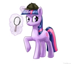 Size: 1100x1000 | Tagged: safe, artist:rautakoura, derpibooru import, twilight sparkle, unicorn twilight, unicorn, detective, hat, magic, magnifying glass, my little investigations, sherlock holmes, solo