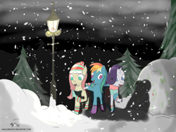 Size: 2400x1800 | Tagged: safe, artist:halflingpony, fluttershy, rainbow dash, rarity, pegasus, pony, unicorn, snow, snowfall