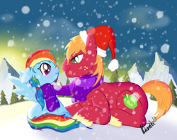 Size: 800x630 | Tagged: safe, artist:karmadash, big macintosh, rainbow dash, earth pony, pegasus, pony, alternate hairstyle, clothes, hat, male, mountain, rainbowmac, scarf, shared clothing, shared scarf, shipping, snow, snowfall, stallion, straight, tree, unshorn fetlocks