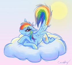 Size: 1280x1150 | Tagged: safe, artist:candyfoxy, rainbow dash, pegasus, pony, cloud, prone, solo, spread wings, sun