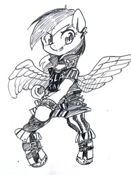 Size: 768x1024 | Tagged: dead source, safe, artist:yajima, rainbow dash, pegasus, pony, semi-anthro, bipedal, clothes, female, monochrome, simple background, sketch, solo, white background