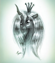 Size: 880x1004 | Tagged: safe, artist:magfen, queen chrysalis, changeling, changeling queen, alternate hairstyle, female, grayscale, monochrome, solo, traditional art