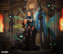 Size: 3900x3377 | Tagged: safe, artist:axel-doi, queen chrysalis, changeling, human, 3d, boots, elf ears, humanized, pose, throne, torch, winged humanization