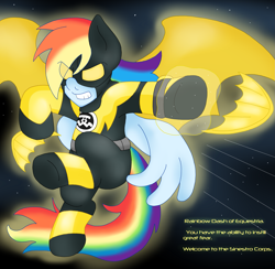 Size: 1825x1783 | Tagged: safe, artist:blackbewhite2k7, rainbow dash, pegasus, pony, batman, batmare, crossover, sinestro corps, yellow lantern