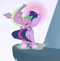 Size: 340x348 | Tagged: safe, derpibooru import, screencap, spike, twilight sparkle, unicorn twilight, dragon, pony, unicorn, the crystal empire, butt touch, female, hand on butt, male, mare, out of context, plot, stairs, twibutt