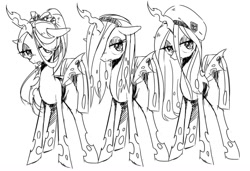 Size: 1023x698 | Tagged: safe, artist:30clock, queen chrysalis, changeling, changeling queen, alternate hairstyle, monochrome, solo