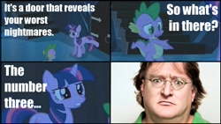 Size: 1062x600 | Tagged: safe, derpibooru import, spike, twilight sparkle, unicorn twilight, dragon, human, pony, unicorn, season 3, spoiler:s03, door, female, gabe newell, glasses, male, mare, valve logic, worth the weight