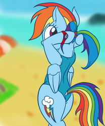 Size: 500x600 | Tagged: safe, artist:mingy.h, rainbow dash, pegasus, pony, semi-anthro, beach, clothes, cute, dashabetes, female, looking back, mare, one-piece swimsuit, pixiv, plot, ponytail, solo, swimsuit, watch