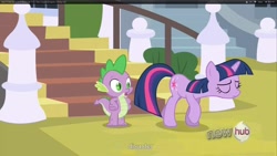 Size: 1920x1080 | Tagged: safe, derpibooru import, screencap, spike, twilight sparkle, dragon, the crystal empire, youtube caption