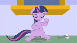 Size: 1920x1080 | Tagged: safe, derpibooru import, screencap, twilight sparkle, pony, unicorn, female, horn, mare, purple coat, purple mane, solo, youtube caption