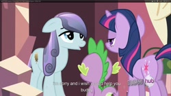 Size: 1920x1080 | Tagged: safe, derpibooru import, edit, edited screencap, screencap, spike, twilight sparkle, dragon, pony, unicorn, butt, caption, female, male, mare, plot, youtube caption