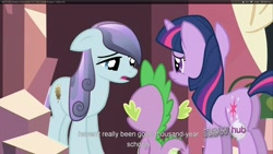 Size: 1920x1080 | Tagged: safe, derpibooru import, edit, edited screencap, screencap, spike, twilight sparkle, dragon, pony, unicorn, the crystal empire, butt, caption, female, male, mare, plot, youtube caption