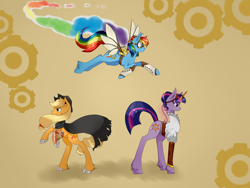 Size: 2000x1500 | Tagged: safe, artist:tomat-in-cup, derpibooru import, applejack, rainbow dash, twilight sparkle, unicorn twilight, earth pony, pegasus, pony, unicorn, alternate hairstyle, clothes, costume, fashion, female, flying, goggles, hoof shoes, mare, rearing, steampunk