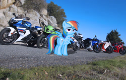 Size: 1280x816 | Tagged: safe, artist:sierraex, artist:thepwnyisaspy, rainbow dash, irl, motorcycle, path, photo, plot, ponies in real life, solo, unimpressed, vector, yamaha