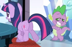 Size: 971x629 | Tagged: safe, derpibooru import, screencap, spike, twilight sparkle, dragon, pony, the crystal empire, butt, dat butt, female, male, mare, meme, out of context, plot