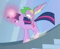 Size: 612x498 | Tagged: safe, derpibooru import, screencap, spike, twilight sparkle, unicorn twilight, dragon, pony, unicorn, the crystal empire, butt touch, female, gravity spell, hand on butt, male, mare, mid-blink screencap, stairs