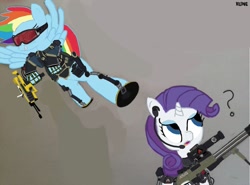 Size: 1280x949 | Tagged: safe, rainbow dash, rarity, pegasus, pony, unicorn, armor, atlas corporation, call of duty, call of duty advanced warfare, clothes, gun, jack mitchell, military, mobile, mp 11, na-45, paper, powered exoskeleton