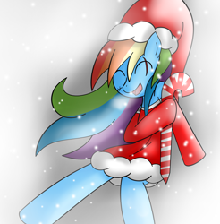 Size: 1248x1268 | Tagged: safe, artist:mytatsur, rainbow dash, pegasus, pony, candy cane, christmas, cold, happy, happy holidays, outfit, scar, snow, snowfall, stitches