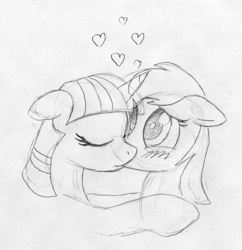 Size: 922x954 | Tagged: safe, artist:foxxy-arts, derpibooru import, derpy hooves, twilight sparkle, pegasus, pony, female, kissing, lesbian, mare, monochrome, shipping, traditional art, twerpy