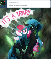 Size: 800x926 | Tagged: safe, artist:peachiekeenie, plumsweet, queen chrysalis, changeling, changeling queen, ask, ask plumsweet, tumblr