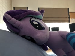 Size: 2048x1536 | Tagged: safe, artist:nekokevin, starlight glimmer, pony, unicorn, series:nekokevin's glimmy, clothes, female, irl, looking at you, mare, photo, pillow, plushie, smiling, socks, solo, striped socks