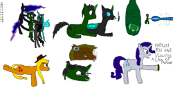 Size: 1400x766 | Tagged: safe, artist:derek the metagamer, applejack, nightmare moon, queen chrysalis, queen umbra, rarity, oc, oc:derek the metagamer, changeling, changeling queen, earth pony, pony, 3ds, badge, changelingified, cocoon, cuddling, gamer changeling, headset, laser, rule 63, snuggling