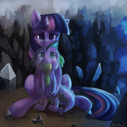 Size: 990x990 | Tagged: safe, artist:mewball, derpibooru import, spike, twilight sparkle, dragon, crying, sad