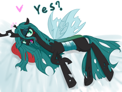 Size: 800x600 | Tagged: safe, artist:1583, queen chrysalis, changeling, changeling queen, bedroom eyes, blushing, heart, looking at you, on side, pillow, pixiv, solo