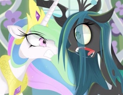 Size: 561x436 | Tagged: safe, artist:coltsteelstallion, princess celestia, queen chrysalis, alicorn, changeling, changeling queen, pony, a canterlot wedding, drool, duo, female, looking at each other, mare, open mouth, scene interpretation