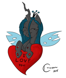 Size: 1800x2121 | Tagged: safe, artist:crimson, queen chrysalis, changeling, changeling queen, colored, digital art, fangs, heart, simple background, smiling, solo, transparent background, valentine's day