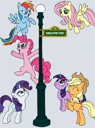 Size: 569x771 | Tagged: safe, artist:hirake! pony key, derpibooru import, applejack, fluttershy, pinkie pie, rainbow dash, rarity, twilight sparkle, earth pony, pegasus, pony, unicorn, cobblestone street, crossover, lamppost, my little pony meets sesame street, sesame street, street sign