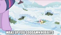 Size: 1067x609 | Tagged: safe, derpibooru import, edit, edited screencap, screencap, fluttershy, twilight sparkle, pegasus, pony, winter wrap up, caption, female, flutterbutt, hobbits, mare, plot, snow, vulgar